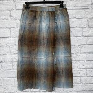 Vintage Personal Wool Wrap Midi Skirt Size S Blue Brown Plaid 70s Fringe New
